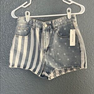 Francesca's Collections Light Blue  Jean Shorts with Distressed flag Design